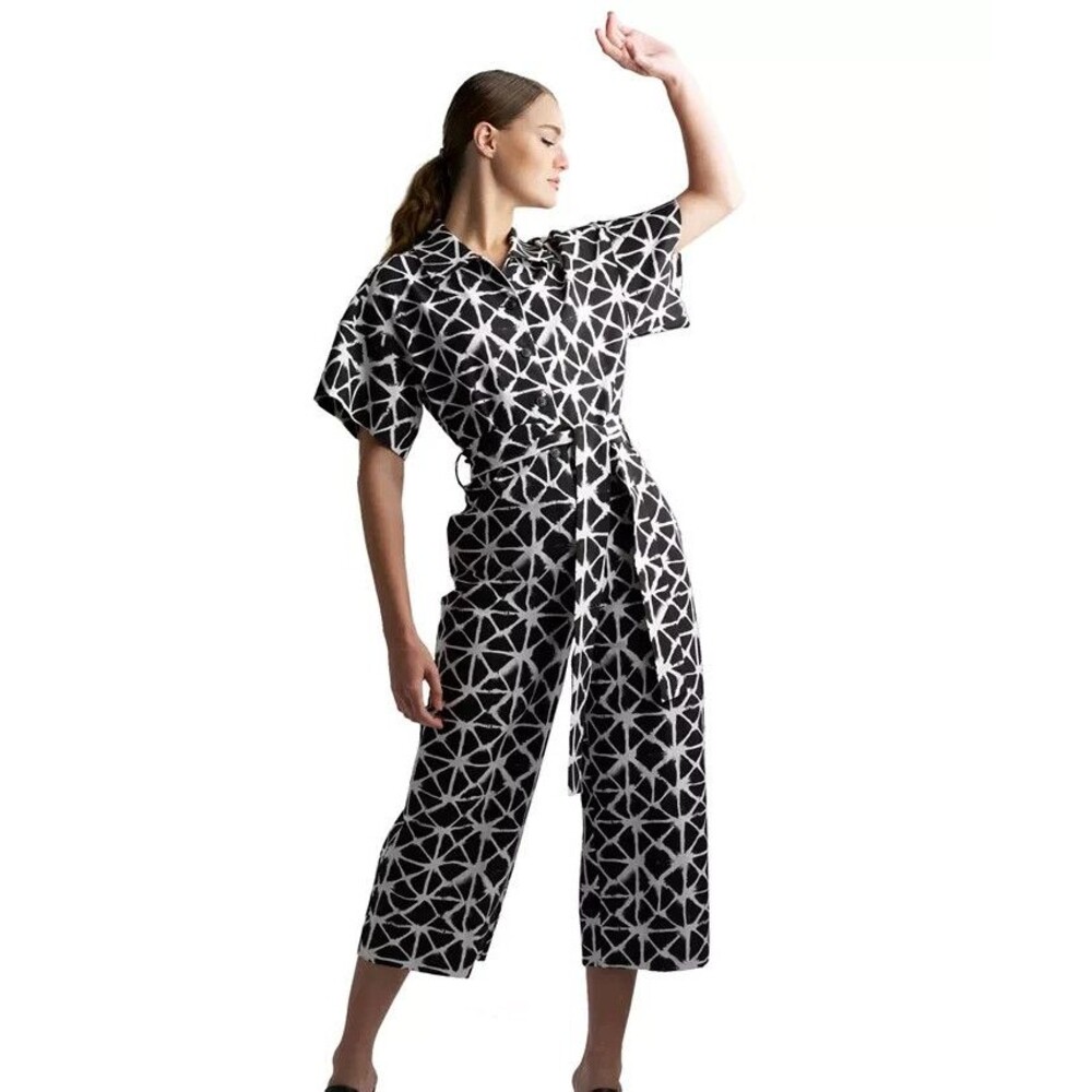 Natori Women's Cropped Geo Button-Front Wide Legs Jumpsuit Black & White Size S
